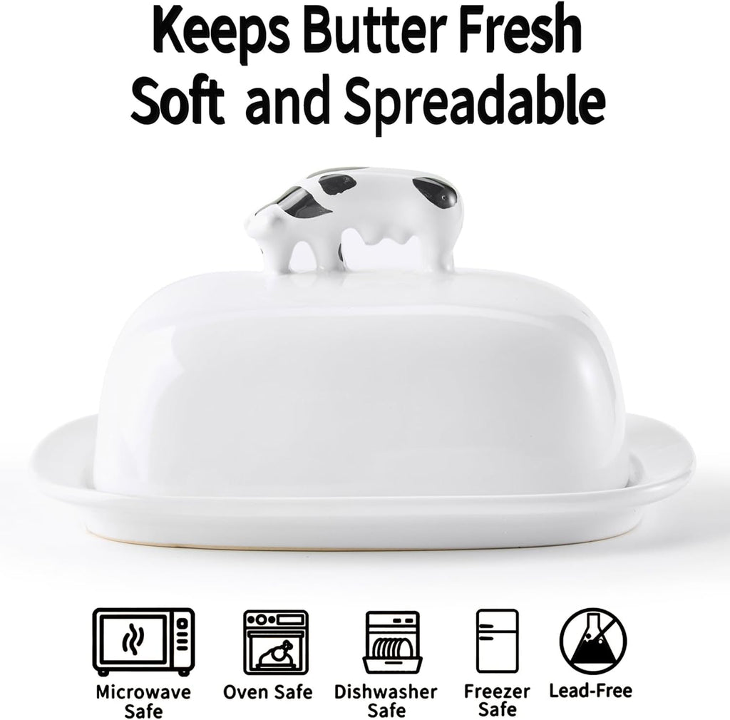 Butter Dish with Lid for Countertop, 7.8" x 6.3" Large Ceramic Butter Keeper Container with Cow Handle, White Butter Holder Tray for East West Coast Butter Stick, Microwave & Dishwasher Safe