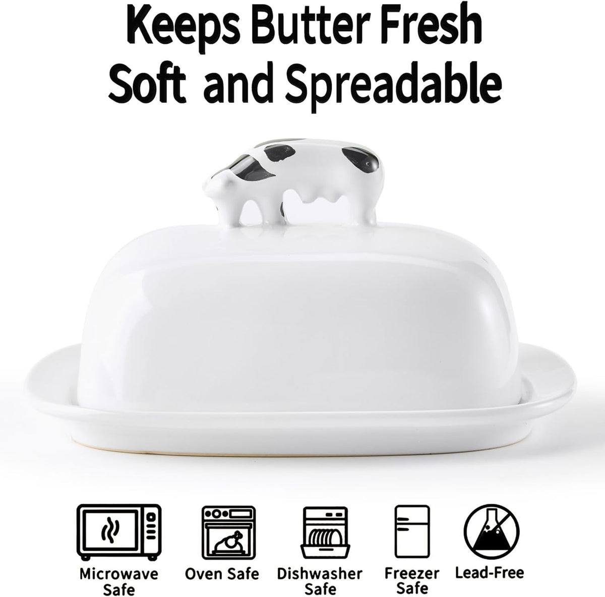 Butter Dish with Lid for Countertop, 7.8" x 6.3" Large Ceramic Butter Keeper Container with Cow Handle, White Butter Holder Tray for East West Coast Butter Stick, Microwave & Dishwasher Safe