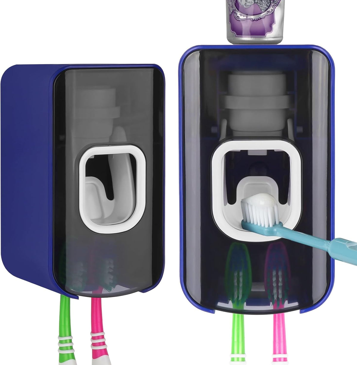 2 Slot Toothbrush Holder and Toothpaste Dispenser Wall Mounted, Automatic Toothpaste Squeezer, 2 in 1 Tooth Brush Toothpaste Organizer for Shower (Dark Blue 2Pack)