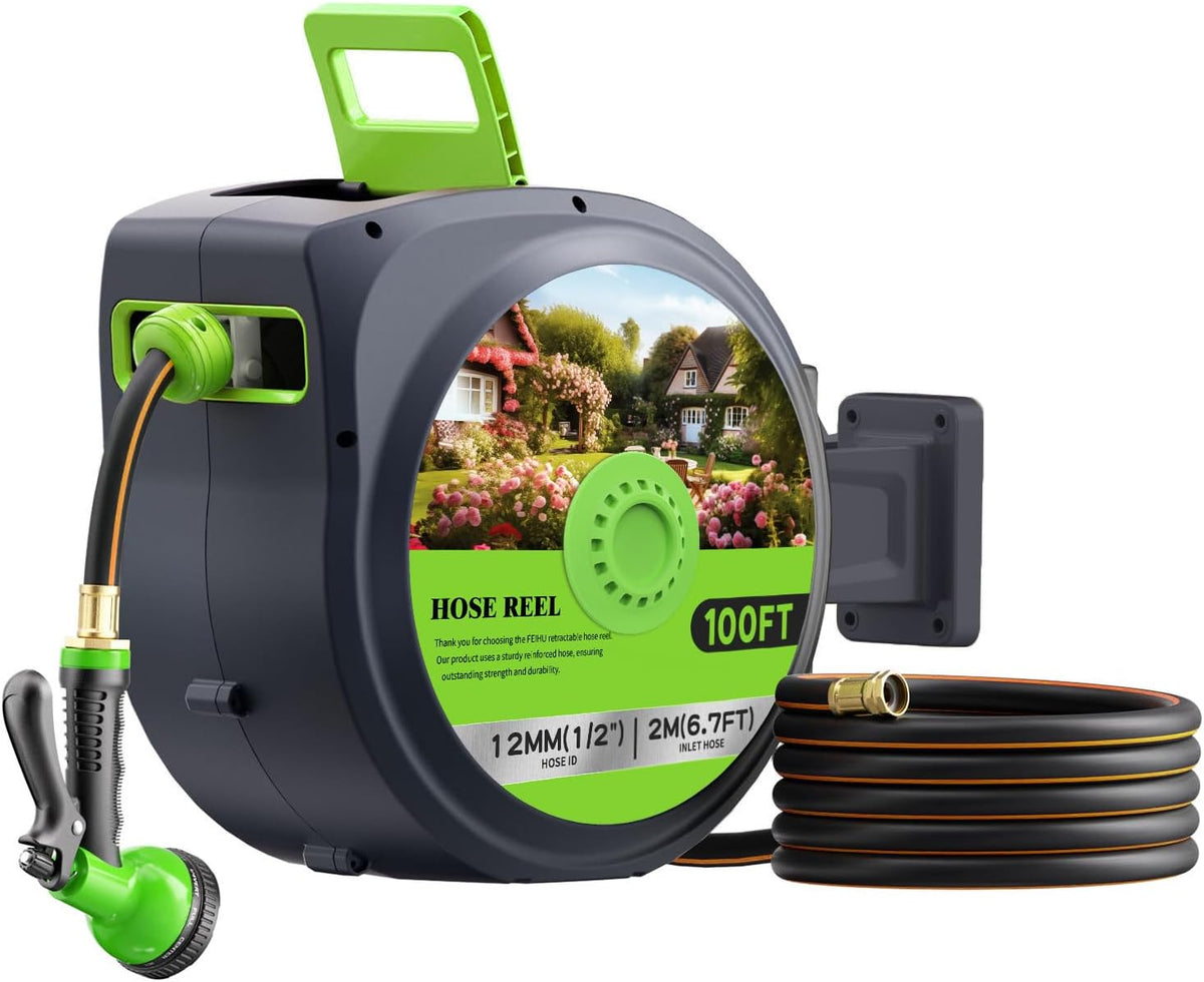 Automatic Retractable Garden Hose Reel 1/2 Inch x 100ft - Heavy Duty Metal Wall Mount with Auto Rewind, Any Length Lock, 10 Pattern Nozzle & UV Protection