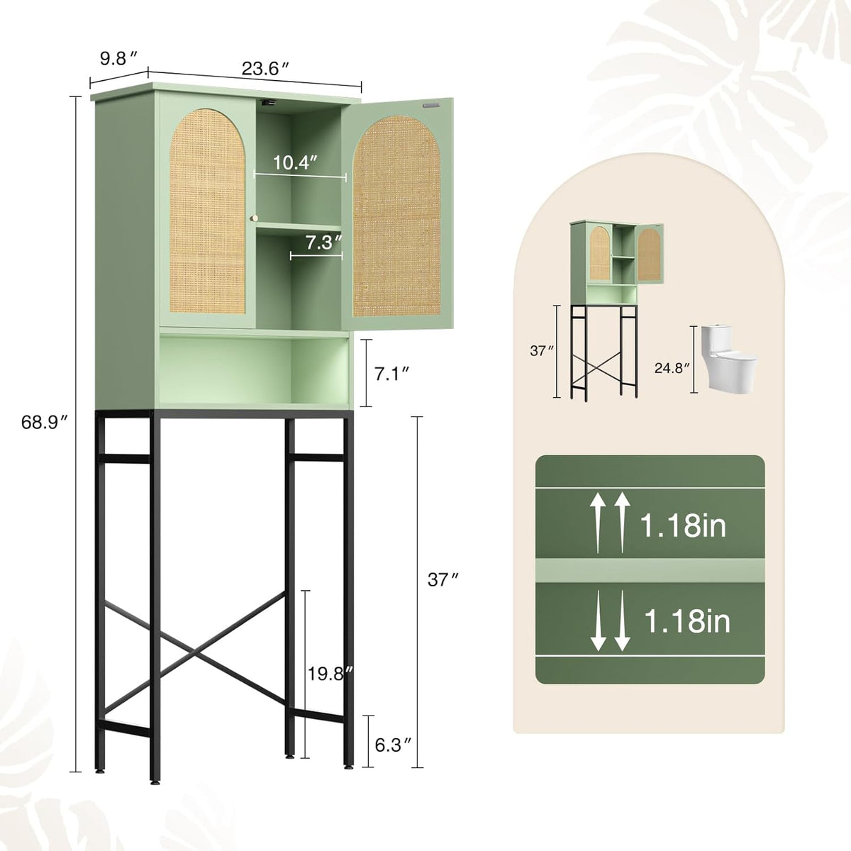 Rattan Over The Toilet Storage Cabinet, Bathroom Organizers and Storage Over Toilet with Rattan Door and Metal Stand, Tall Storage Shelves Above Toilet, Wood Rack for Restroom, Laundry, Foam Green