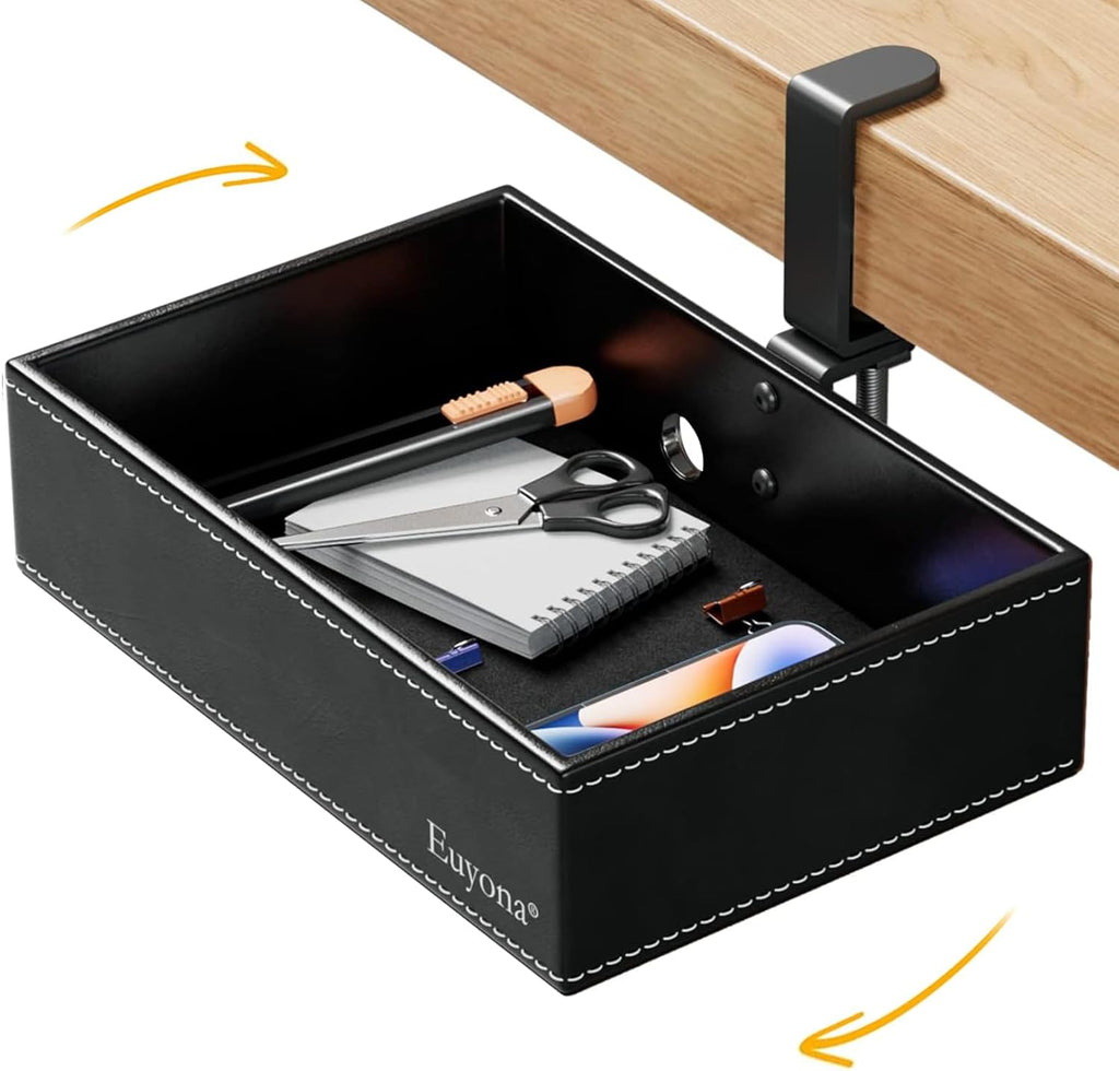 PU Leather Under Desk Organizer with 360° Rotating Clamp – for Computer Accessories, Stationery, Remote Control & Phone Storage, Black