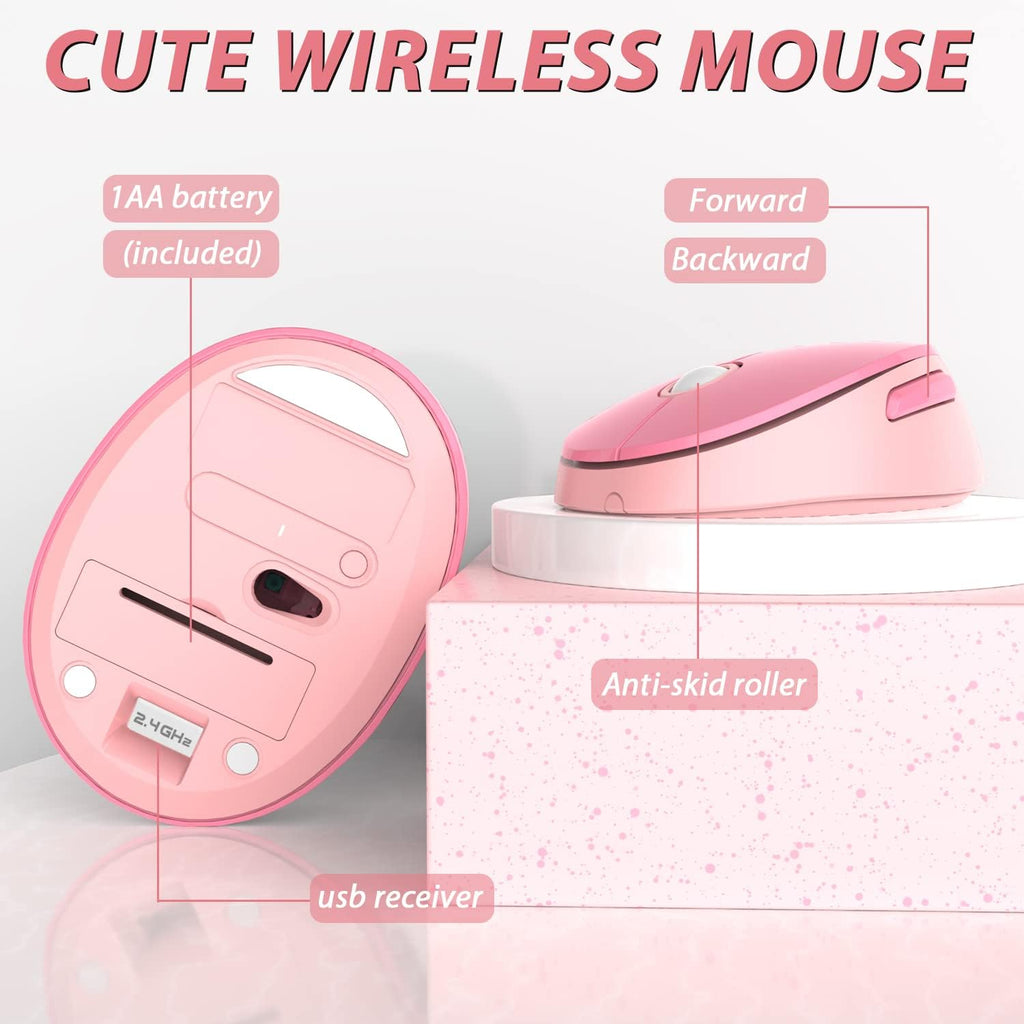 KOOTOP Cute Pink Wireless Keyboard and Mouse, 2.4G Retro Round Keycap for PC, Mac, Laptop, Tablet, Computer Windows