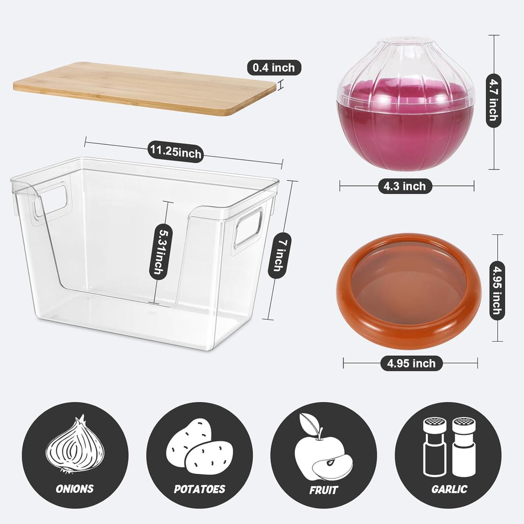 Pantry Organizers and Storage, Stackable Plastic Pantry Organizer with Lid & Handle for Kitchen Counter, Fridge for Fruit, Potato, Onion, Vegetable, 3 Set (Clear- 3 Large Bin & 2 Container)