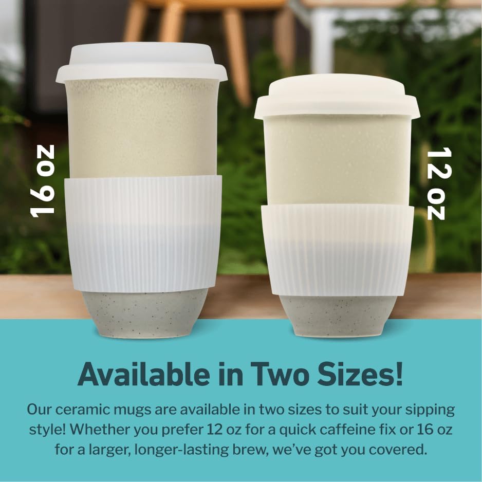 NOVA CERAMICS Travel Mug - Ceramic Coffee Mug With Lid – Microwave & Dishwasher Safe Coffee White & Grey Tumbler - Gifts For Women Men Him Her – 16oz – Mist