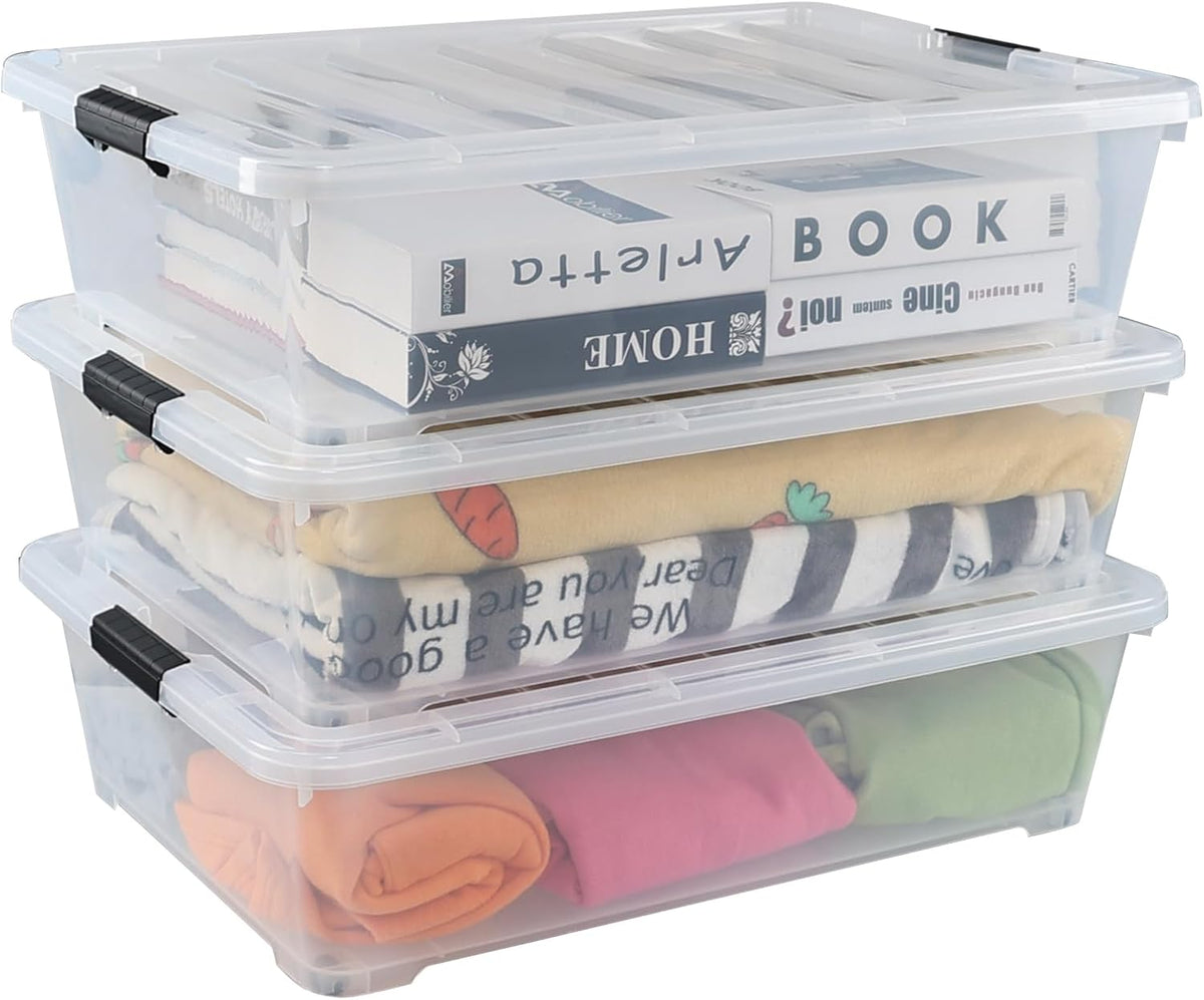 50 Quart Large Clear Underbed Boxes with Wheels, Stackable Plastic Storage Bin with Lids, 3 Packs