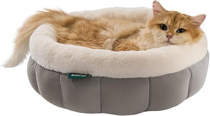 BALANCE Cat Beds for Indoor Cats, Washable Round Cat Bed, Cute Kitten Bed with Anti-Slip Bottom for Kitty and Puppy, 18 Inches, Goat