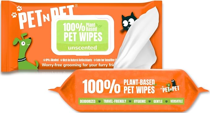 PET N PET 100% Plant Based Dog Wipes for Paws and Butt, 100 Counts Hypoallergenic Unscented Dog Pet Wipes, 8" x 8"