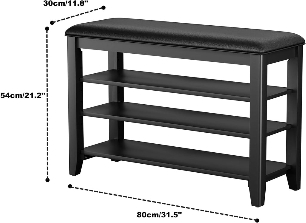 Entryway Shoe Storage Bench with Leather Cushion, Shoe Organizer Bench for Entryway, Ideal for Hallways Front Doors Entrances Mudrooms Featuring Rubberwood And 3 Height-Adjustable & Removable Shelve