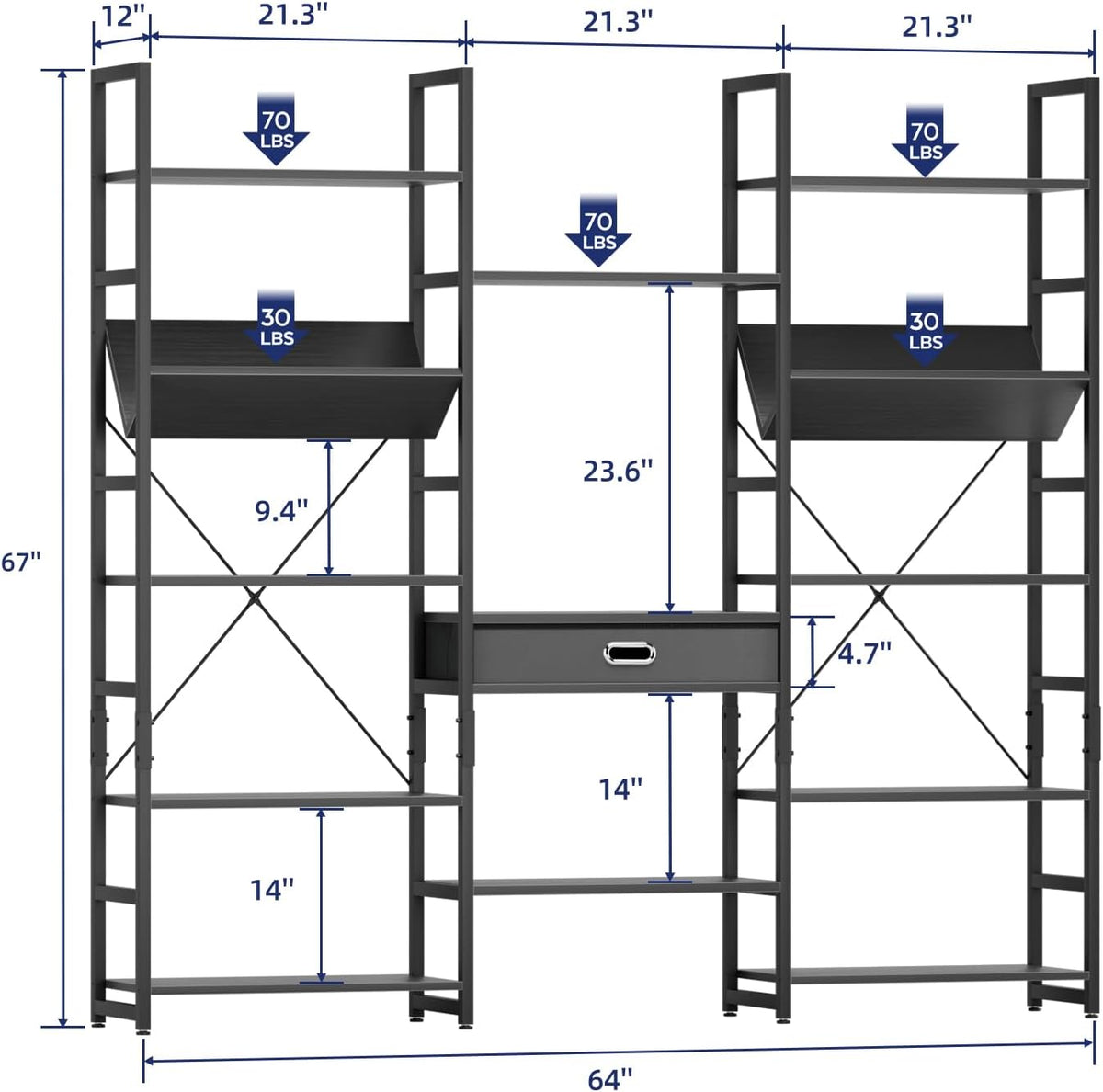 NUMENN Bookcases and Bookshelves Triple Wide 5 Tier Bookshelf, Large Etagere Bookshelf with Storage Drawer, Adjustable Open Display Shelves for Living Room, Bedroom, Home Office, Black