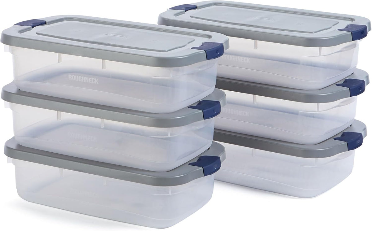 Rubbermaid Roughneck Clear 31 Qt/ 7.75 Gal Storage Containers, Pack of 6 with Snap-Fit Grey Lids, Visible Base, Sturdy and Stackable, Great for Storage and Organization