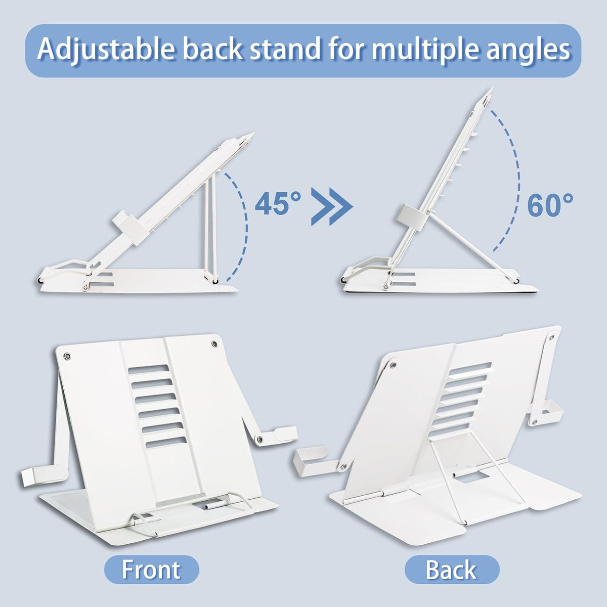 Metal Desk Book Stand for Reading with Adjustable Clips, Hands-Free Foldable Book Holder for Kids, Portable Document Stand for Desk, Display Stand for Recipes, Cookbooks, Tablets - White