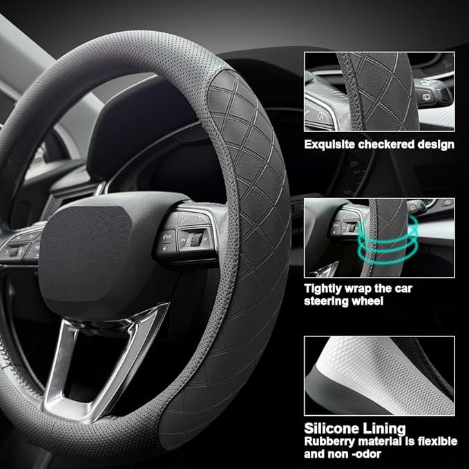LKWLIKEI Nappa Leather Steering Wheel Cover, Elegant Diamond Checkered Design, Non-Slip wear-Resistant, Enhance Driving Comfort, Suitable for Steering Wheel Diameter 14 1/2‘-15’ Models.Black