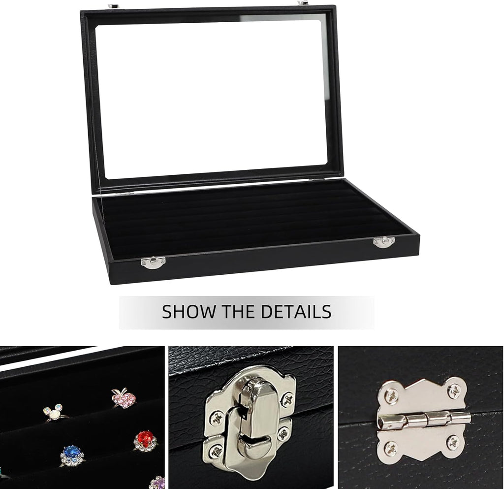 Wudygirl 7 Slots Ring Holder Organizer Box with Transparent Lid Black Jewelry Organizer for Store Display Jewelry Holder for Rings（Ring Organizer）