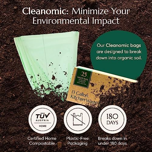 Cleanomic Compostable* Waste Bags with Drawstring (13 Gallon, 25 Units, Tall), BPI Certified For Kitchen Compost