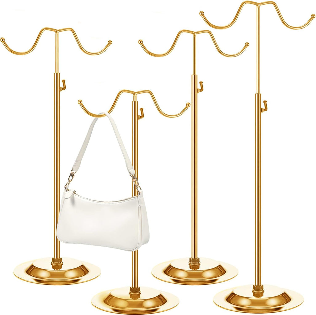 4 Pcs Purse Display Stand Adjustable Height Handbag Display Stand Metal Handbag Stand Holder Double Hook Purse Holder Stand for Home Store Boutique Counter, Gold