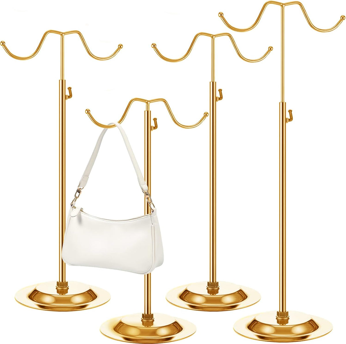 4 Pcs Purse Display Stand Adjustable Height Handbag Display Stand Metal Handbag Stand Holder Double Hook Purse Holder Stand for Home Store Boutique Counter, Gold