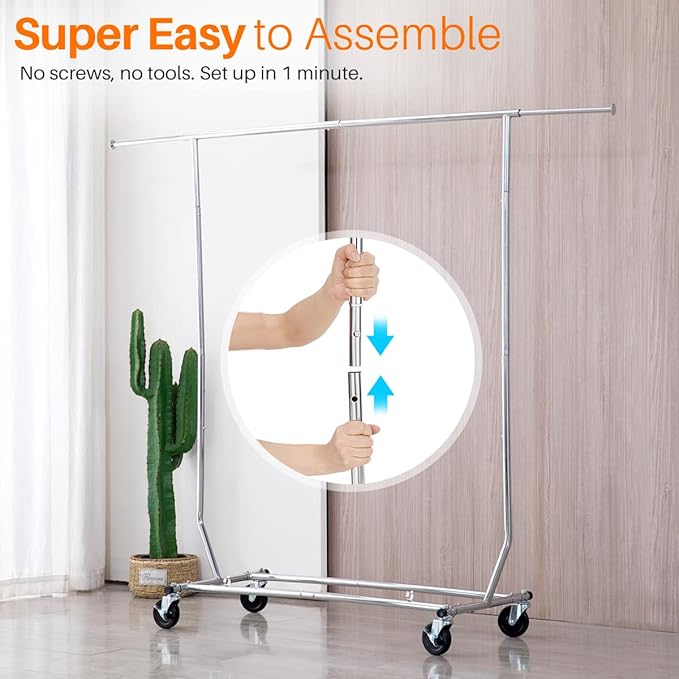 HOKEEPER Clothes Rack with Lockable Wheels Height Adjustable Clothing Rack