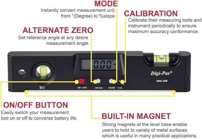 Digi-Pas DWL200 Electronic Torpedo Level, Protractor, Angle Gauge, Angle Finder