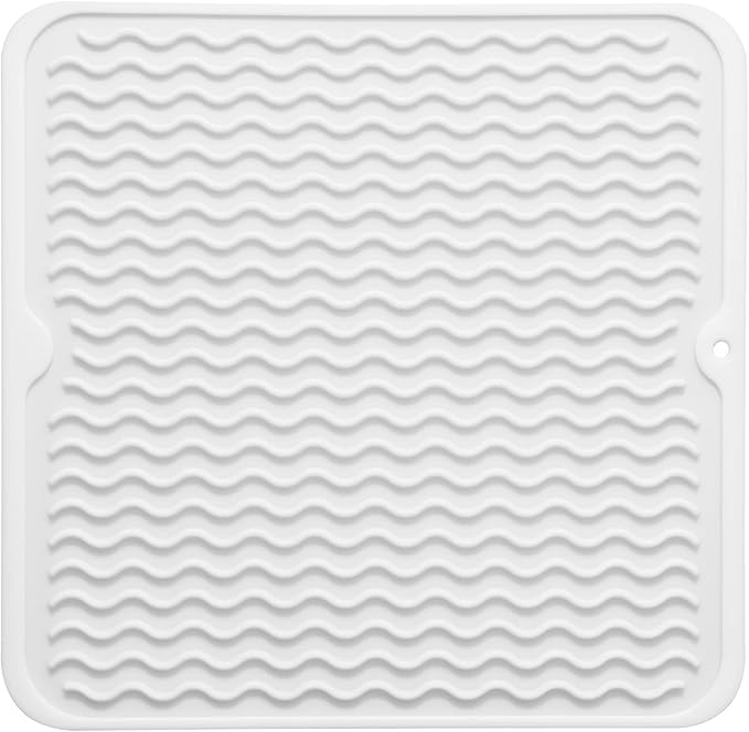 Silicone Dish Drying Mat for Multiple Usage,Easy clean,Eco-friendly,Heat-resistant Silicone Mat for Kitchen Counter or Sink,Refrigerator or Drawer liner White M 12 inches x 12 inches