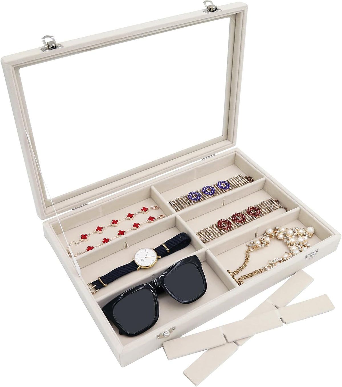 Stratalife Jewelry Organizer Bracelet Organizer Storage Box 12 Grid Stackable Jewelry Tray with Lid Velvet Jewelry Box for Drawer Necklace Bracelet Display Storage Organizer Box (Beige)