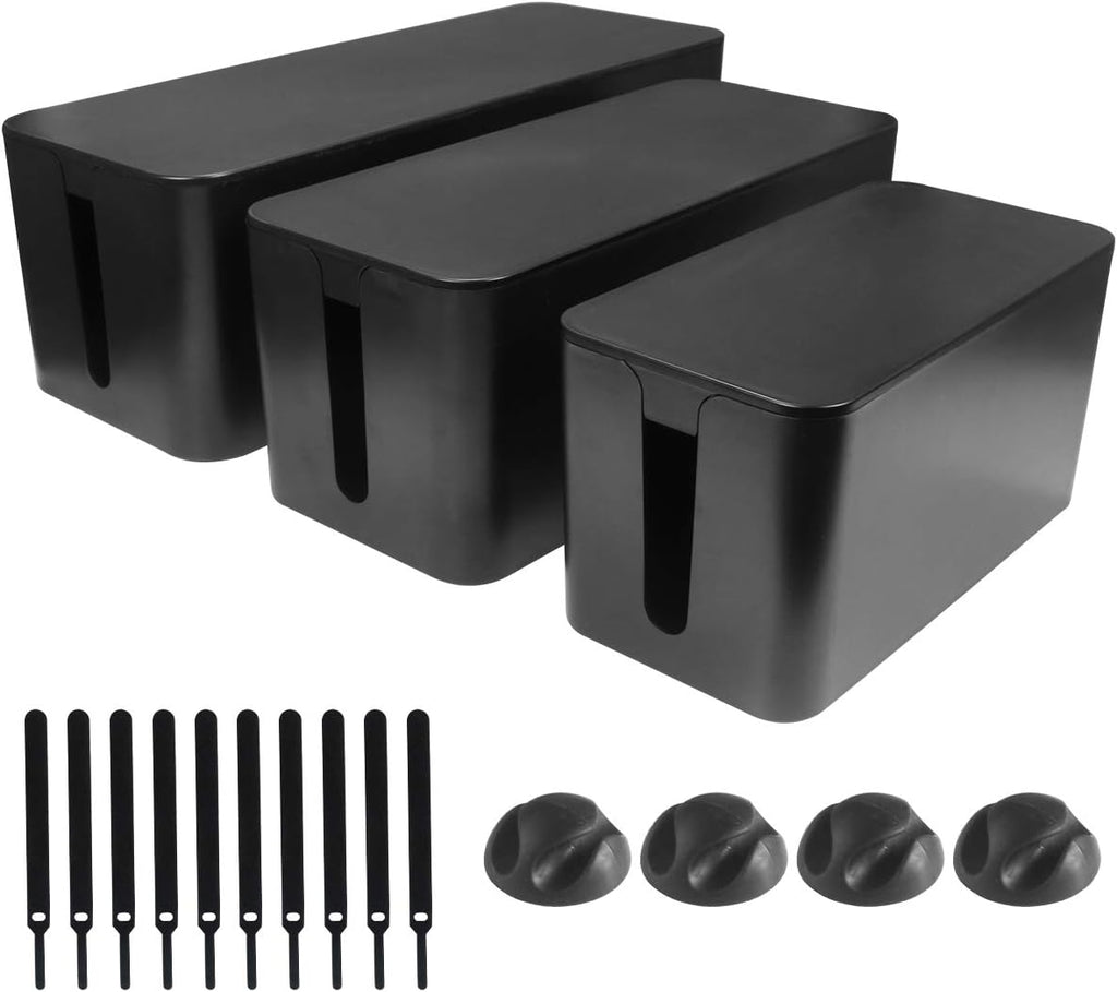 DUNCHATY 3 Pack Cable Organizer Box with Large, Medium, Small Cord Hider Box Safe ABS Material for Cover and Hide TV Wires, Computer, Router, USB Hub and Under Desk Power Strip&Cords