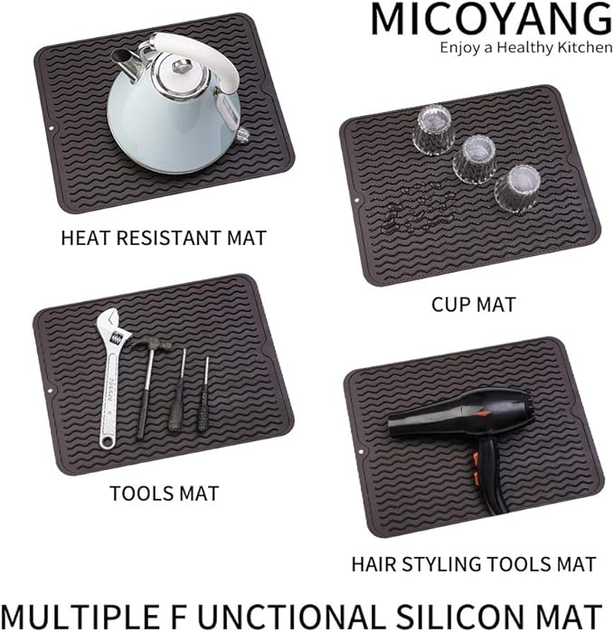 Silicone Dish Drying Mat for Multiple Usage,Easy clean,Eco-friendly,Heat-resistant Silicone Mat for Kitchen Counter or Sink,Refrigerator or drawer liner Coffee L 16 inches x 12 inches
