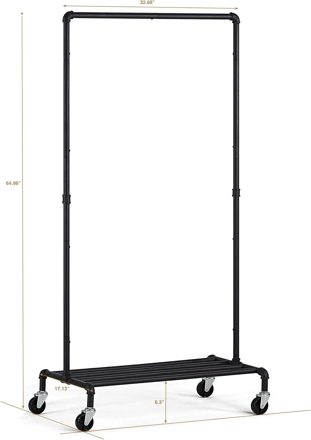 SunnyPoint Industrial Loft Style Rolling Garment Rack - Rolling Clothes Organizer (Single Rack)