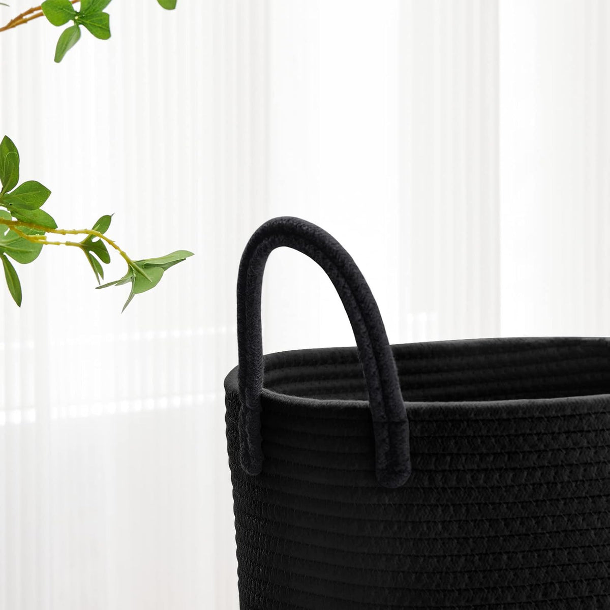 VIPOSCO Large Laundry Hamper, Tall Woven Rope Storage Basket for Blanket, Toys, Dirty Clothes in Living Room, Bathroom, Bedroom - 58L Black