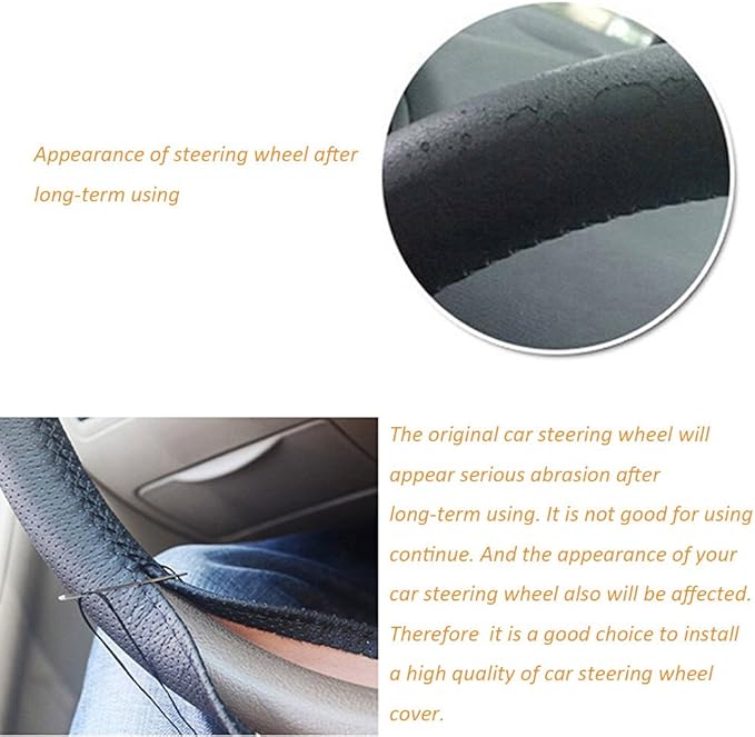 Onerbuy Universal Leather Car Steering Wheel Stitch On Wrap Cover DIY Sewing Breathable and Anti Slip, Maximum for 15-Inch Diameter Car Steering Wheel (Black)