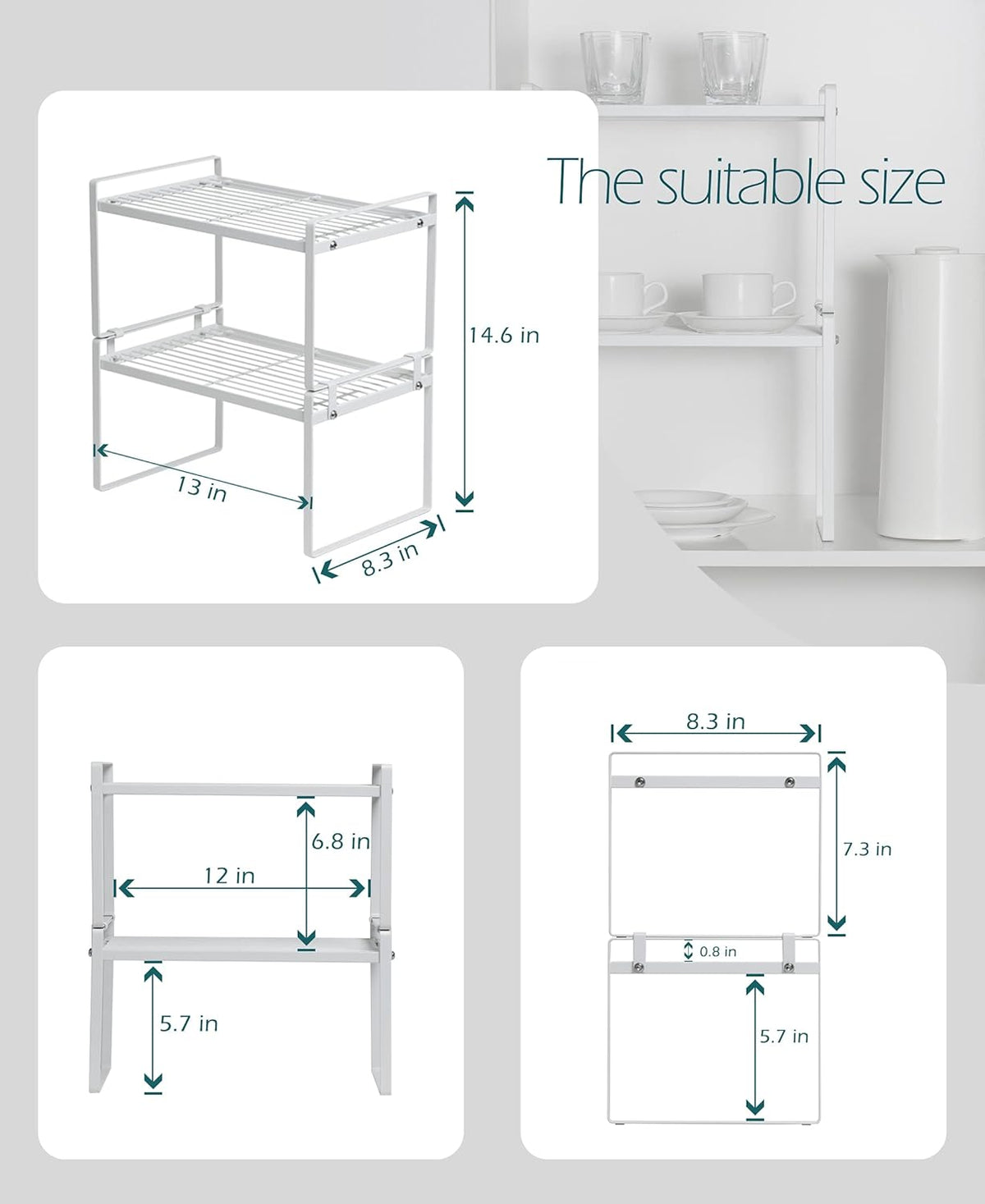 2 Pack Kitchen Cabinet Shelf Counter Organizer Rack Pantry Storage Bathroom Bedroom Office Table Desk Space Saving Steel Frame Stackable Rust Resistant Non Slip White