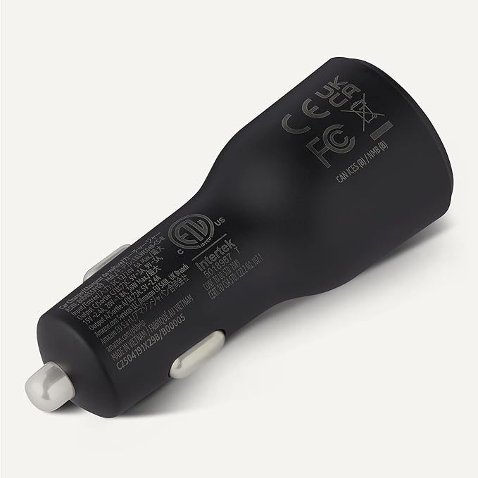 Amazon Basics Fast-Charging Car Charger, Dual-Port, 1 USBC+1 USB-A, 48W, Black