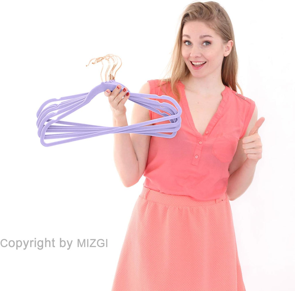 MIZGI Premium Velvet Hangers (50 Pack) Heavy Duty - Non Slip Felt Hangers - Velvet Suit Hanger Light Purple - Rose Gold Hooks,Space Saving Clothes Hanger