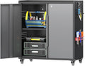 Metal Garage Storage Cabinet with Wheels, Adjustable Rolling Tool Storage Cabinet with Lock, 34" Steel Locking Tool Cabinet with Doors and Shelves for Garage, Warehouse (Black&Gray, 34.3" H)