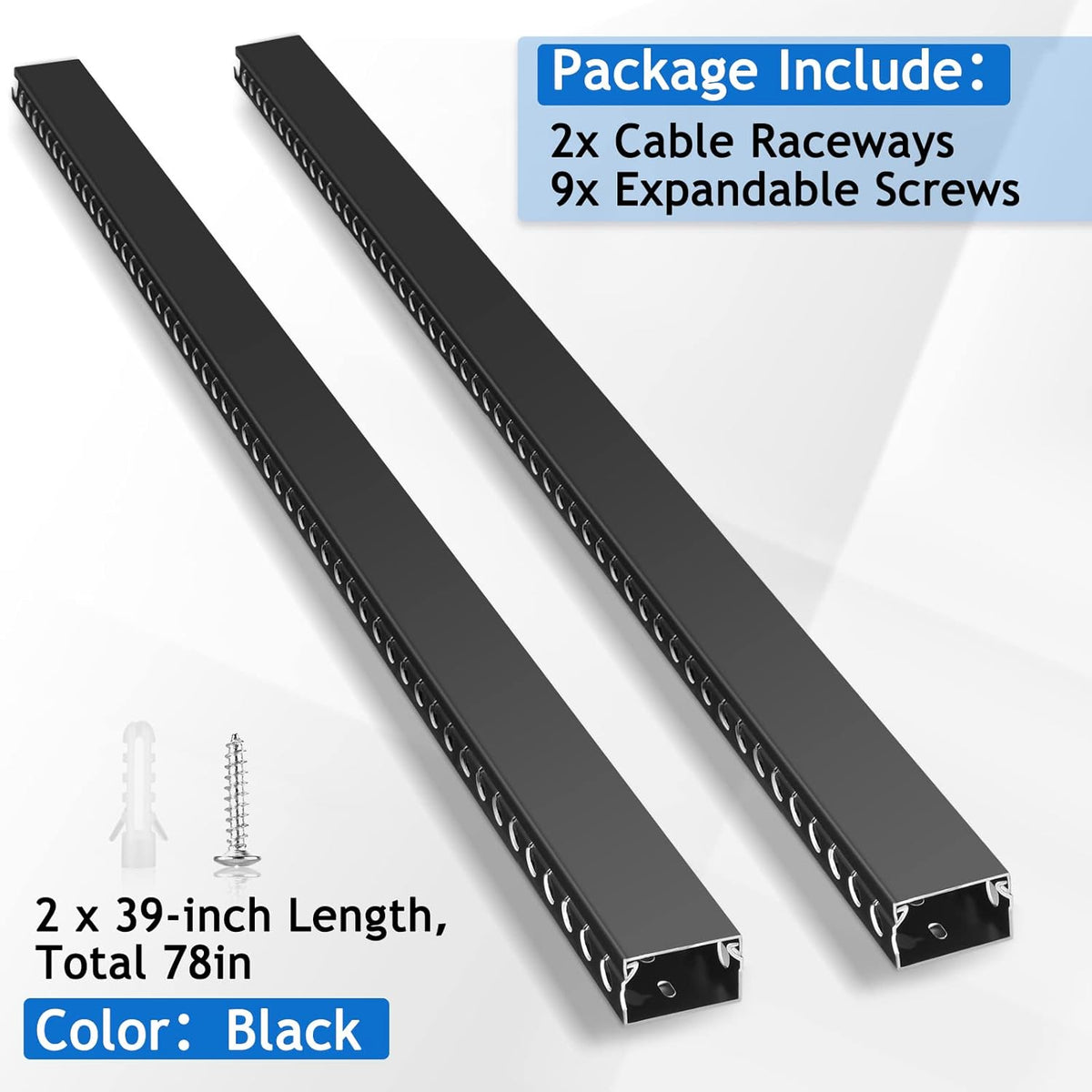 ZhiYo Cable Raceway 78in(2xL39in), Server Rack Cable Management Under Desk Cord Organizer, Electrical Safe PVC Cable Channel Open Slot Wire Raceway for Network/PC/TVs, Wire Duct H1 x W1.6in Black