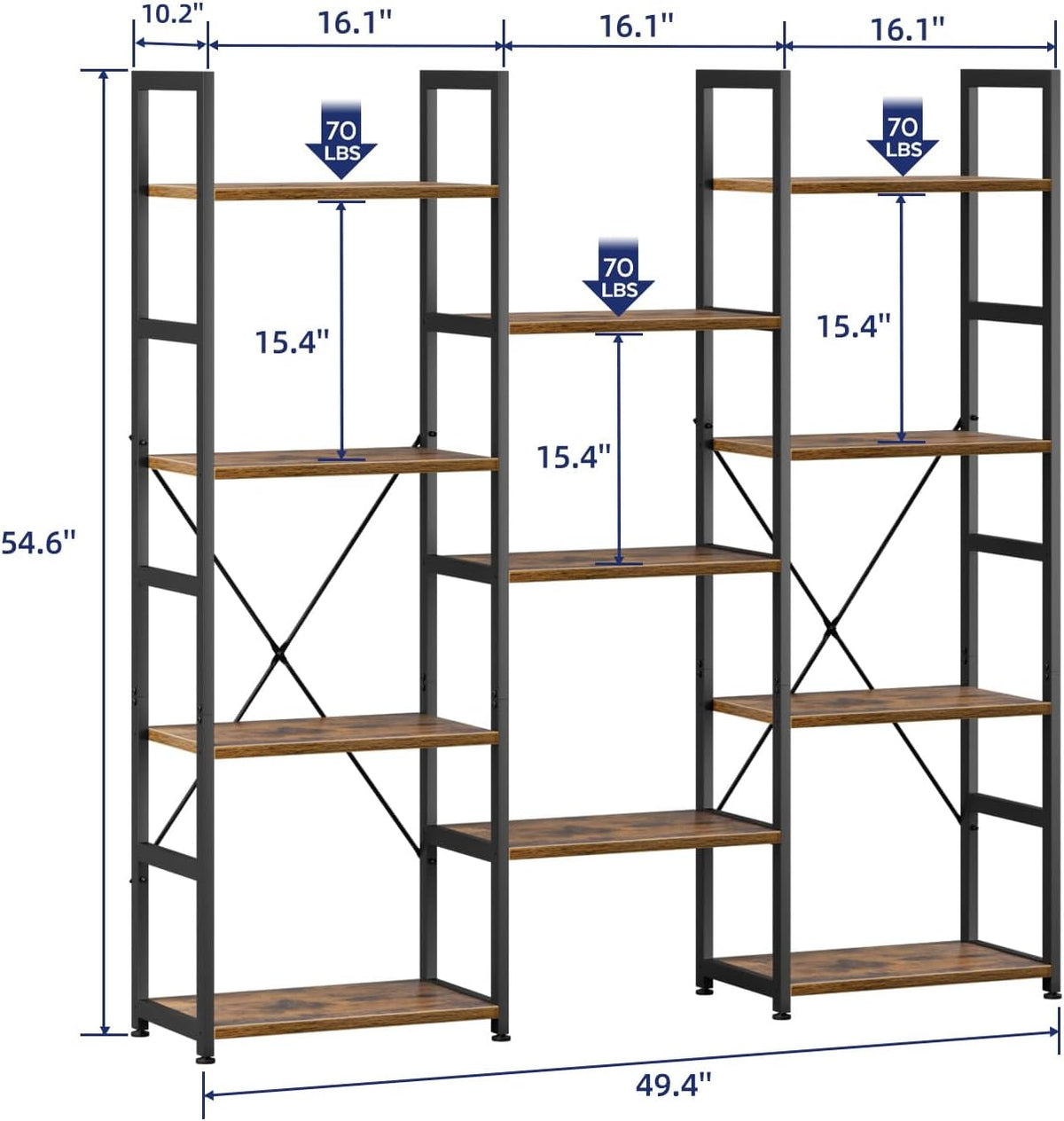 NUMENN Triple Column 4 Tier Bookshelf, Bookcase with 11 Open Display Shelves, Adjustable Rustic Industrial Style Book Shelves, Modern Bookshelves for Bedroom, Living Room and Home Office, Vintage