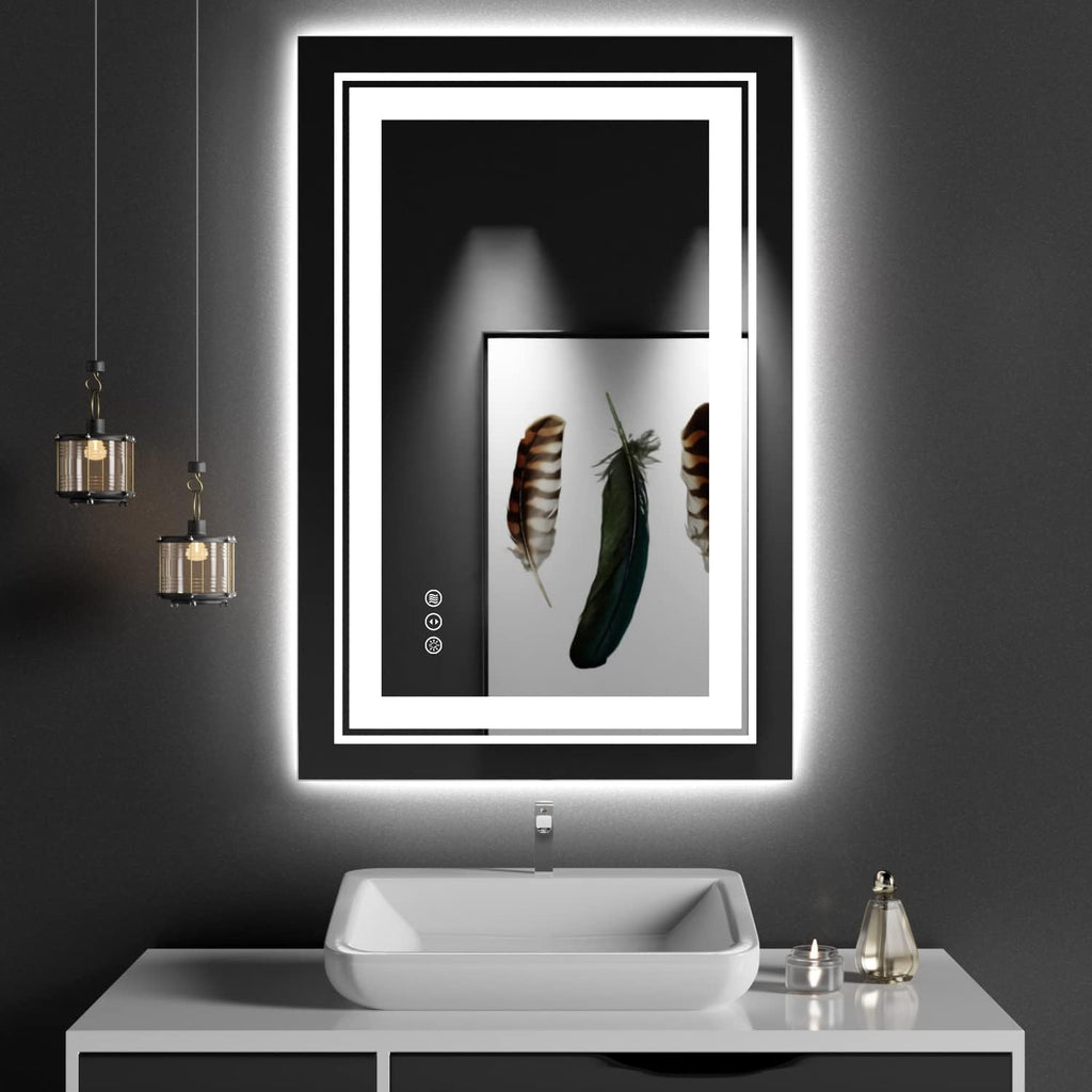 Snowdool 23x35 LED Bathroom Mirror with Front and Backlight, Dimmable Lighted Bathroom Vanity Mirror with Anti-Fog, Memory Function,Tempered Glass(Horizontal/Vertical) | Front and Backlit, Dimmable, Anti-Fog, Tempered Glass