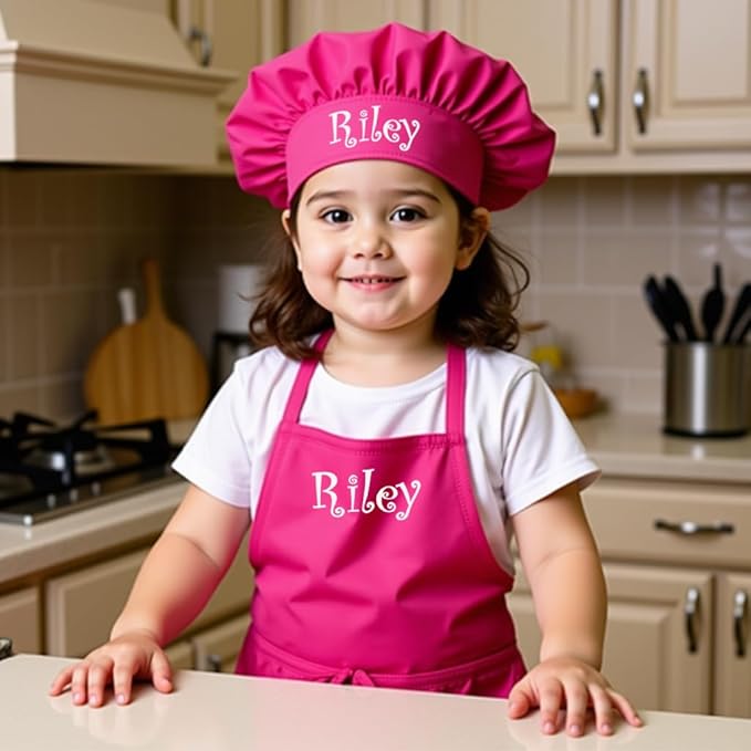 Made in the USA Personalized Embroidered Premium Child Apron and Chef Hat for Kids Girls Boys Fun in the Kitchen Gift (Add a Name Set, Regular with hat)