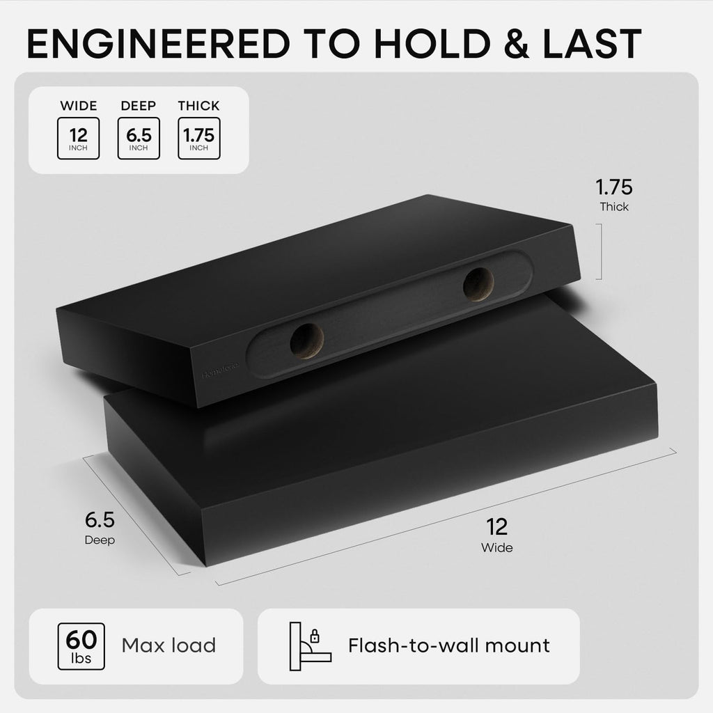 Homeforia Floating Shelf Black 12 inch, High End Solid Real Wood Small 12inch Floating Shelves for Wall Mounted, Black Wooden 12 in Floating Shelves, Heavy Duty Bracket, 12 X 6.5 X 1.75 inch, Set of 2