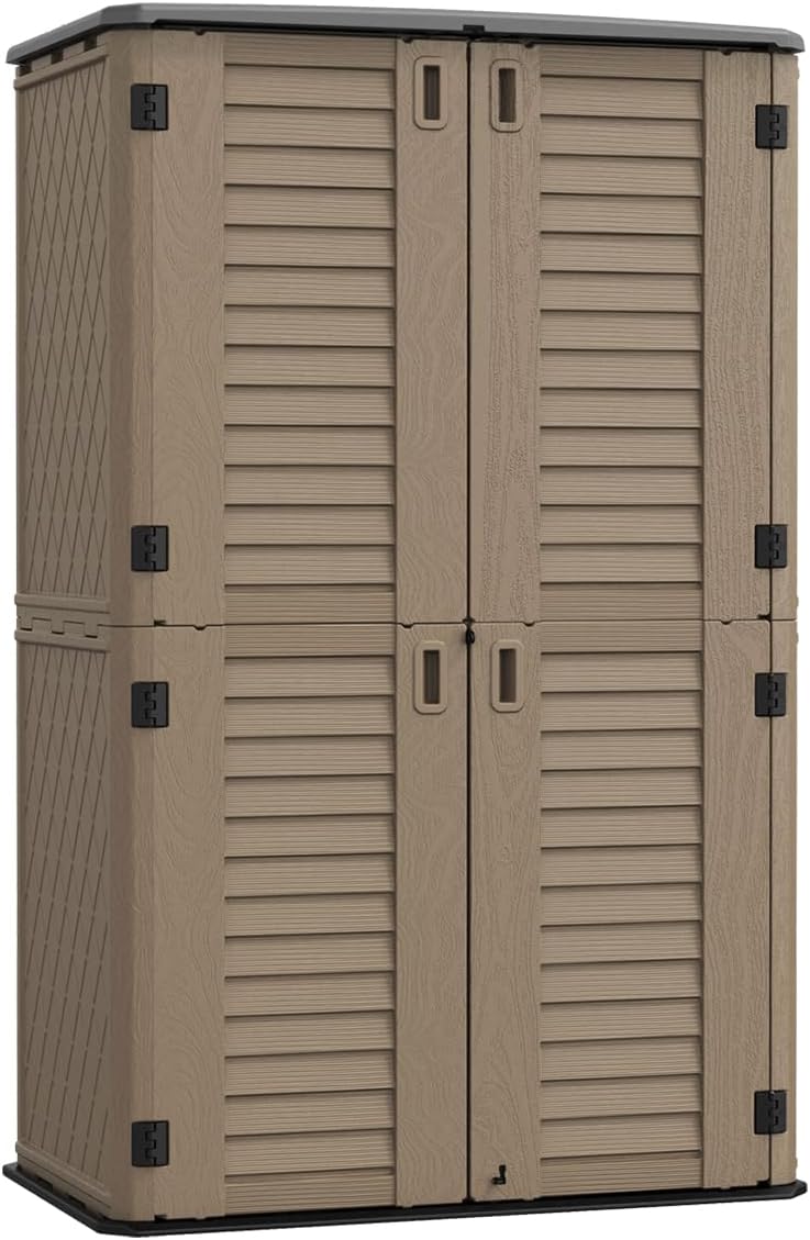 KINYING Sheds & Outdoor Storage, 66 cu.ft Vertical Outdoor Storage Cabinet, Resin Storage Sheds Outdoor with Floor for Garden Tools,Patio Furniture,Garbage Cans(Brown Color)