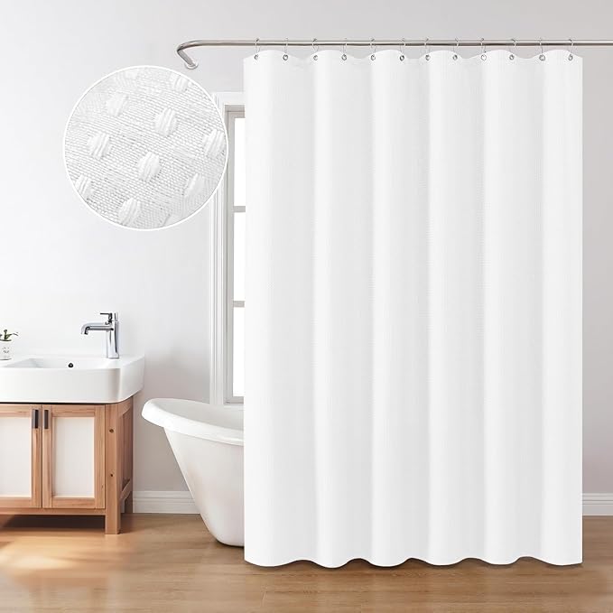 Inhousolu Fabric Shower Curtain Waffle Weave, 230 GSM Heavy Duty, Weighted Hem, 14 Metal Hooks, Water Repellent, Machine Washable, Hotel Spa Luxury Bath Curtain Set, 72 x 84 Inch, White