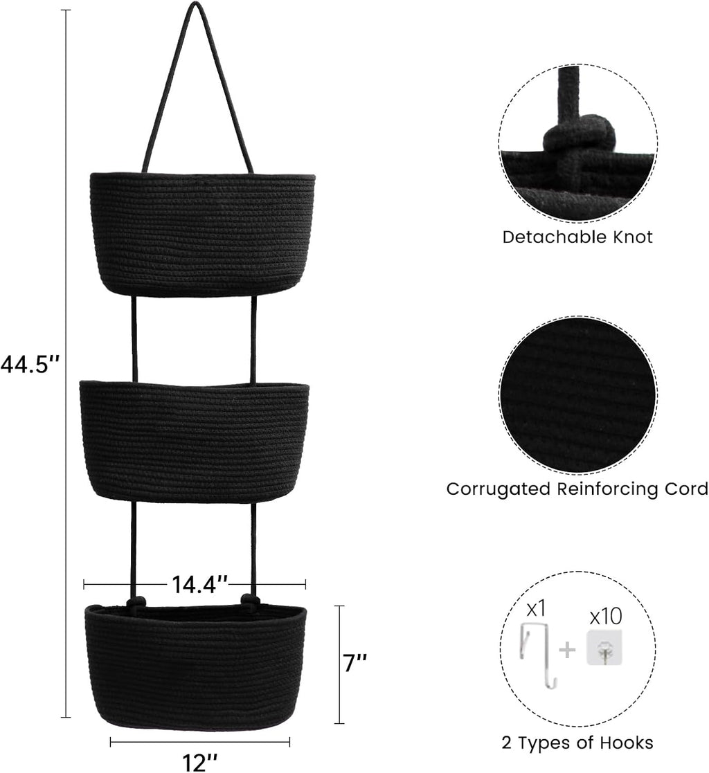 TeoKJ Over the Door Organizer, 3-Tier Woven Cotton Hanging Kitchen Baskets Storage Organizer Bag with Hooks Wall-Mounted Decorative Rope Baskets - Black