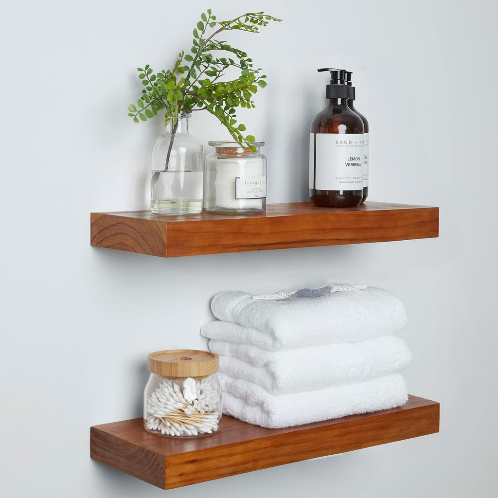 Homeforia 18 inch Floating Shelf Oak, High End Solid Real Wood 18inch Long Floating Shelves for Wall Mounted, Honey Oak Wooden 18in Floating Shelves, Heavy Duty Bracket, 18 X 6.5 X 1.75 inch, Set of 2