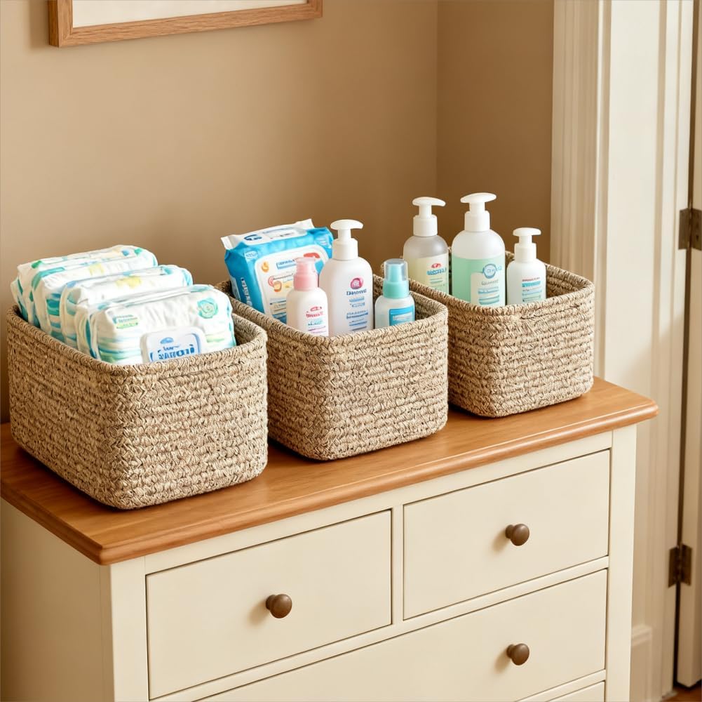 Small Cotton Rope Basket – Storage Bin for Organizing (10.6" x 6.7" x 6.7"), Bathroom Storage Basket for Shelf, Counter & Closet（Beige）