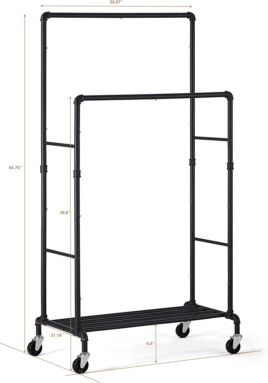 SunnyPoint Industrial Loft Style Rolling Garment Rack - Rolling Clothes Organizer (Double Rack)