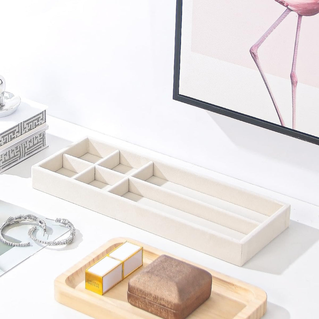 Divided Drawer Organizer Tray, Velvet Jewelry Storage Tray, Necklace Bracelet Ring Earring Display Tray,Bedside Nightstand Desk Holder Tray for Phone Watch Sunglasses Cosmetics Storage/Beige/6grid