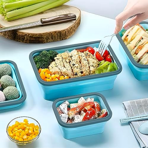 GEMLORD 10 Pieces Collapsible Food Storage Containers Foldable Silicone Lunch Containers with Airtight Lids, 5 Pcs Rectangle and 5 Pcs Round Food Bowls for Kitchen Microwave Freezer Dishwasher Safe
