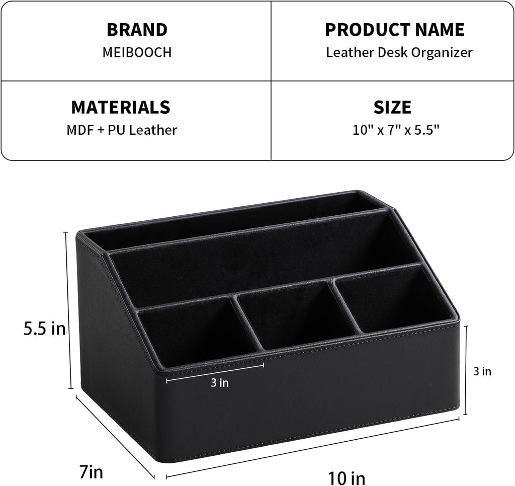 PU Leather Desk Organizer, Luxury Remote Control Holder for Home, Office Desk Accessories Table Caddy Bedside Nightstand Organizer (Black)