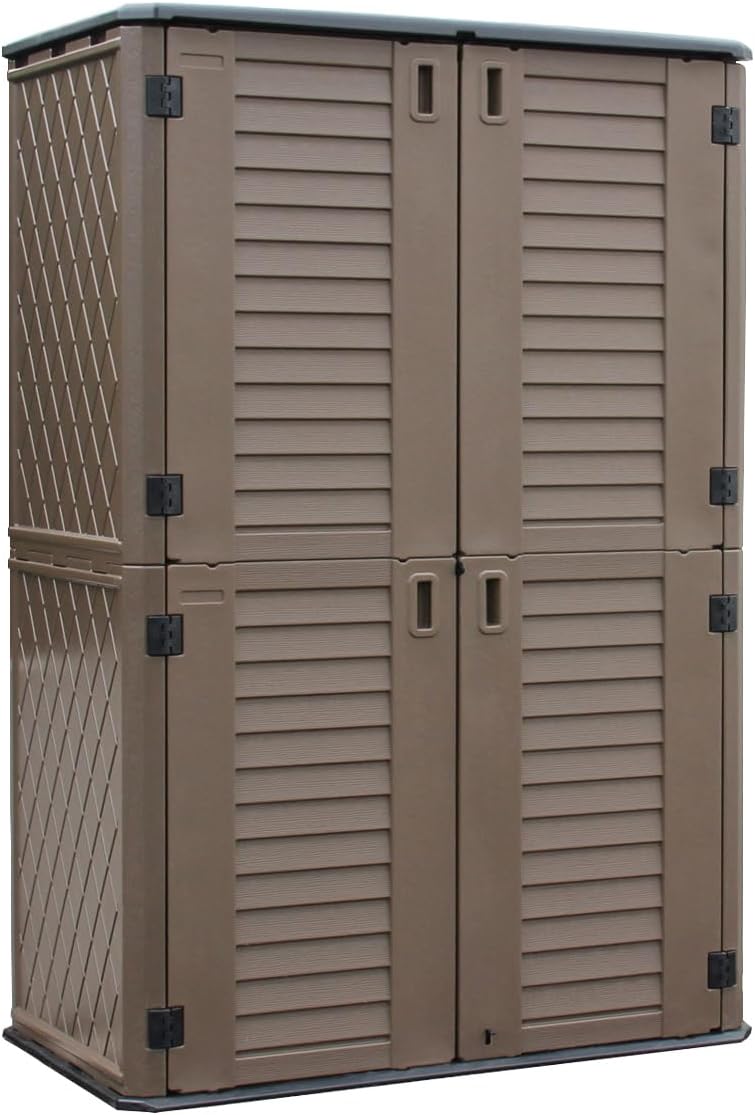 KINYING Outdoor Storage Shed Waterproof, Resin Vertical Outdoor Storage Cabinet for Patio Furniture, Garden Tools, Pool Accessories, Mower Storage (66 Cu.ft, Dark Brown)