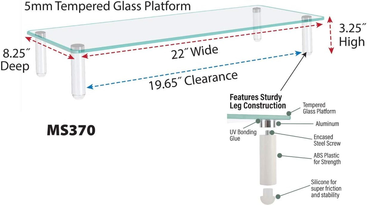 Kantek Glass Monitor Riser with 5mm Tempered Glass Platform and 40-Pound Capacity, 22-Inch W x 8.25-Inch D x 3.25-Inch H, Clear Glass (MS370)